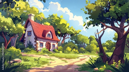 An illustration of a summer landscape with a forest and village house. This illustration shows a countryside cottage  a garden with trees and bushes in the landscape  a brown sandy road  and a