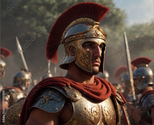 A Roman legionary soldier in shining armor and helmet. An ancient military fighter with a weapon, a representative of the ancient Roman Empire.