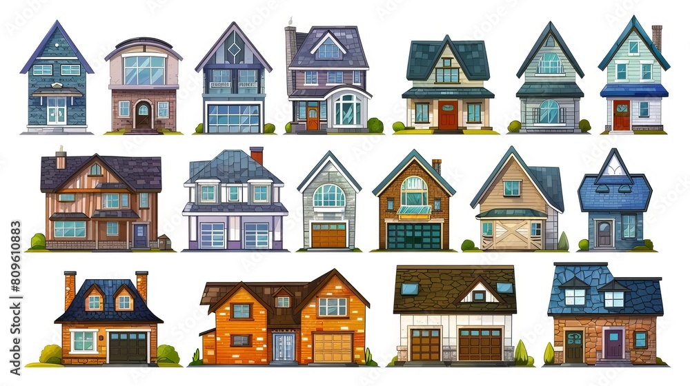 A cartoon illustration of a suburban town neighborhood with houses and garages on a white background. This is an illustration of cottage buildings with doors, windows, color brick walls, roofs, and