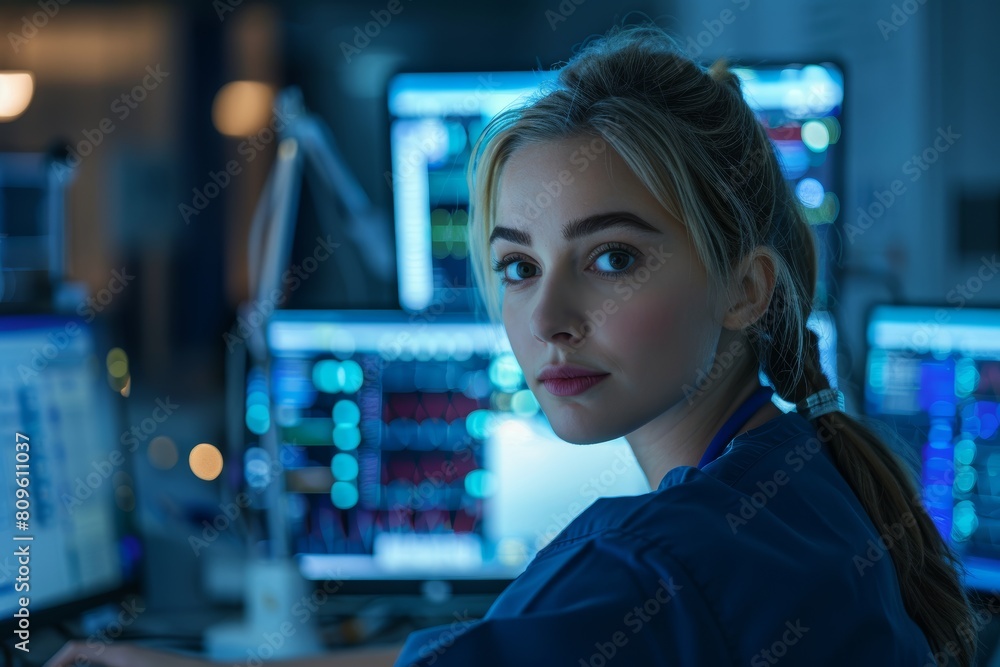 Caucasian nurse at a computer station in a hospital, updating patient records. The background features medical charts and monitors. Caucasian nurse at a computer station in a hospital, updating patient records. The background features medical charts and monitors.
