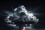 White and cloudy storm cloud with lightning  on a dark black background.
