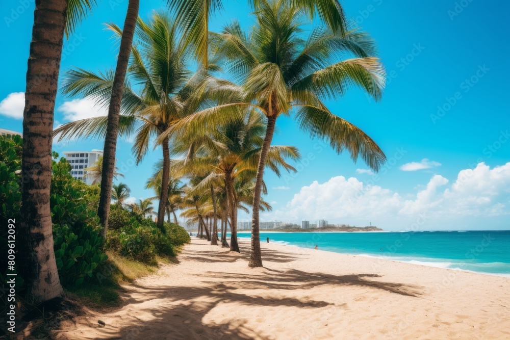 Serene Tropical Beach With Golden Sand And Tall Palm Trees Against A Blue Sky. Generative AI Serene Tropical Beach With Golden Sand And Tall Palm Trees Against A Blue Sky. Generative AI