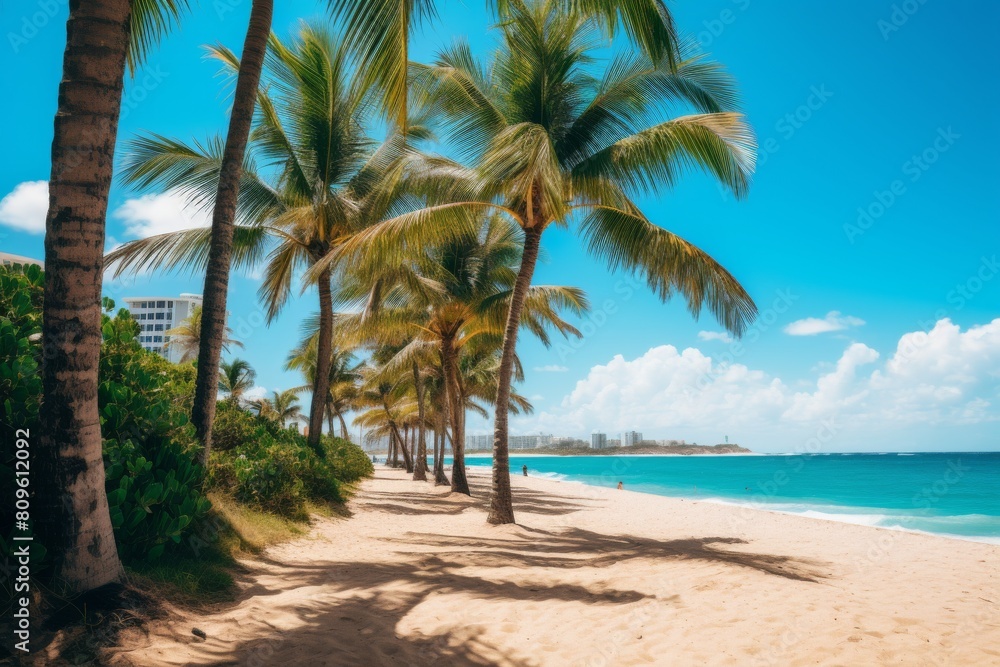 Serene Tropical Beach With Golden Sand And Tall Palm Trees Against A Blue Sky. Generative AI