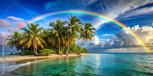 tropical island abstract background coconut palm trees beautiful beach rainbow vibrancy clouds