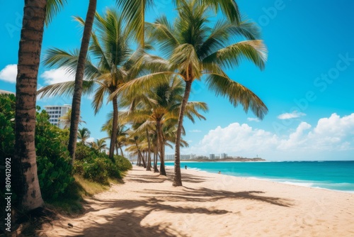 Serene Tropical Beach With Golden Sand And Tall Palm Trees Against A Blue Sky. Generative AI © Svetlana
