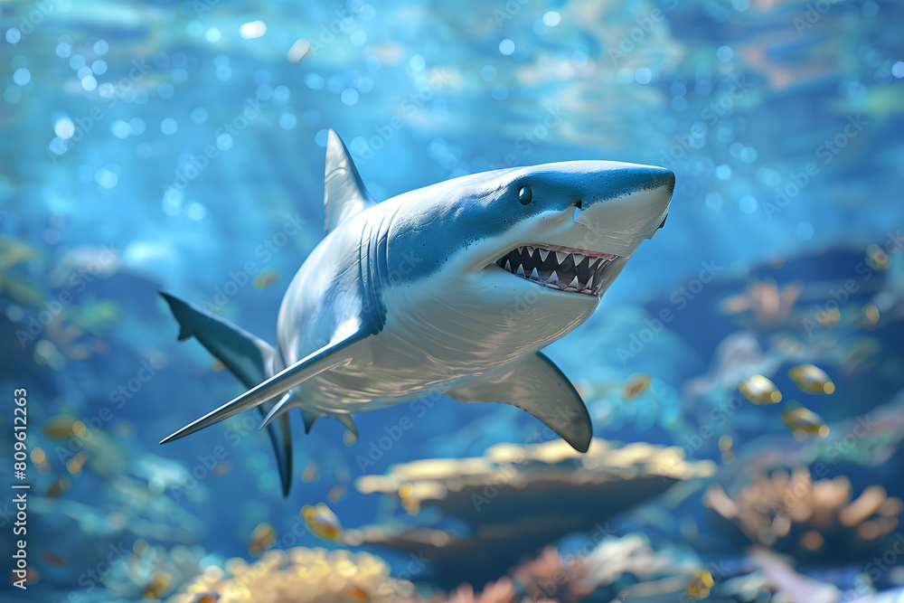 Obraz premium World Oceans Day, Shark, To celebrate and raise awareness of the world's oceans Let's work together to conserve the sea, Template 3d design