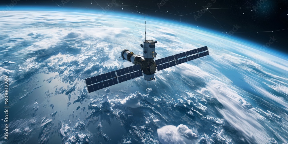 A satellite hovers in outer space with detailed solar panels over the blue atmosphere of Earth and distant stars A satellite hovers in outer space with detailed solar panels over the blue atmosphere of Earth and distant stars