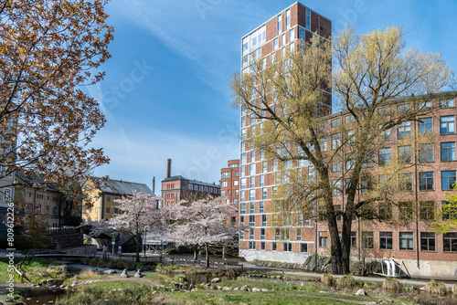 The old industrial landscape and city park Stromparken during spring in Sweden. Norrkoping is a historic industrial town in Sweden