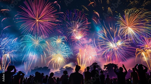 Dynamic photograph of multicolored fireworks illuminating the night sky, crowds of spectators in silhouette marveling at the dazzling display