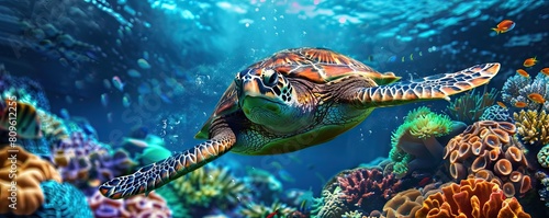 Happy cute sea turtle swimming freely in the blue ocean. Scuba diving with the underwater sea turtle. RIch blue sea water background. AI generated illustration © 3D