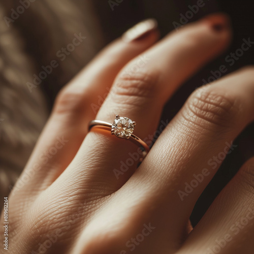 Wallpaper Mural Close-up of a woman's finger with an engagement ring, focus on the sparkling details of the ring, delicate and graceful finger, Ai generated Images Torontodigital.ca