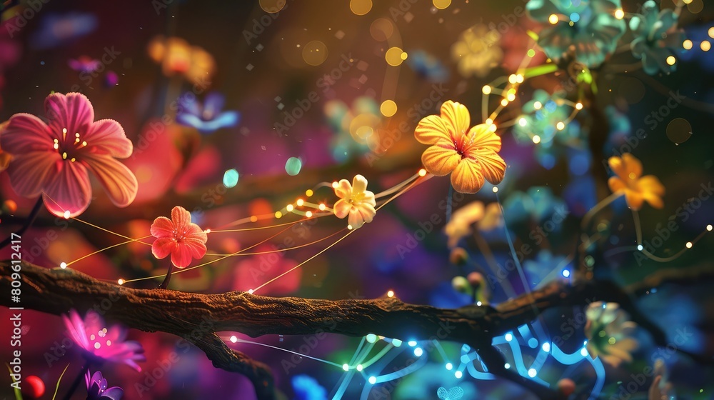 Colorful wallpaper with fiber optic illuminated flowers on sprawling branches.
