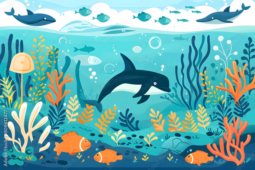 Obraz premium World Oceans Day, Dolphin, To celebrate and raise awareness of the world's oceans Let's work together to conserve the sea, Flat design