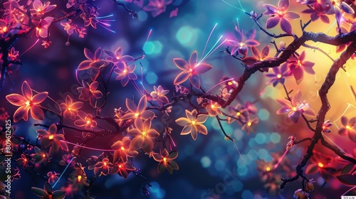 Vibrant wallpaper with branches and flowers lit by fiber optic technology. © Aqsa