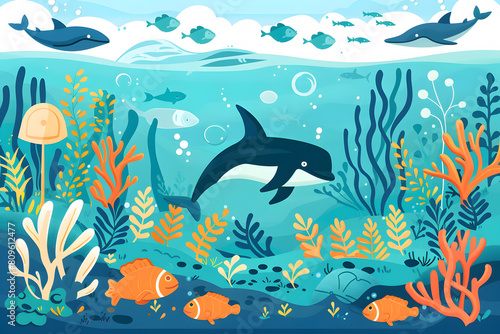 World Oceans Day, Dolphin, To celebrate and raise awareness of the world's oceans Let's work together to conserve the sea, Flat design