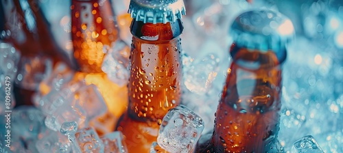 bottles of beer chilled in ice. AI generated illustration photo