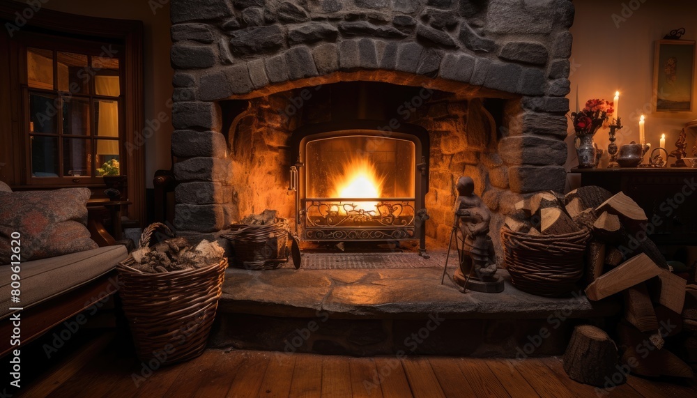 A traditional wood burning fireplace with flames flickering inside, casting a warm glow