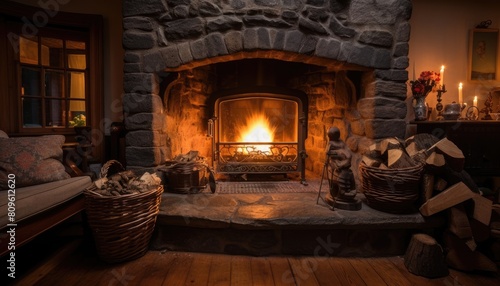 A traditional wood burning fireplace with flames flickering inside, casting a warm glow