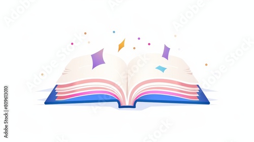 This is an open fly school paper book modern illustration isolated on white background. The book is published with a colorful cover after an imagination wind blew through the bookstore. This is an photo