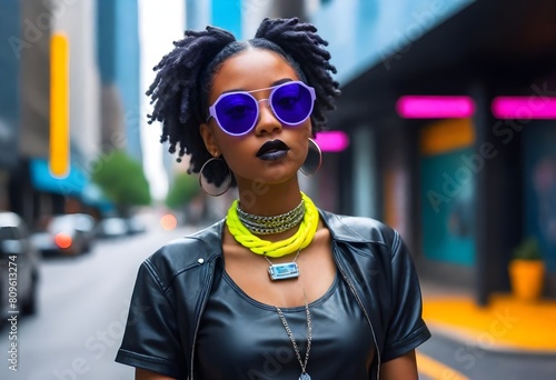 Cyberpunk fashionforward black woman posing in ove (7) photo