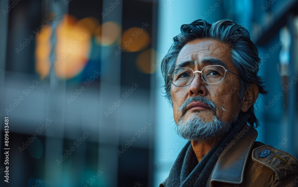 Fototapeta premium A man with glasses and a beard is looking at the camera. He is sad or contemplative
