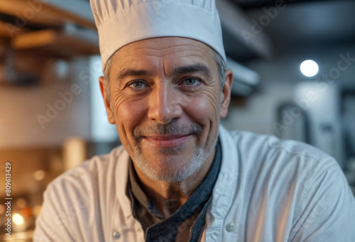 Chef radioso- Uno sguardo nella cucina del ristorante, pieno di gioia photo
