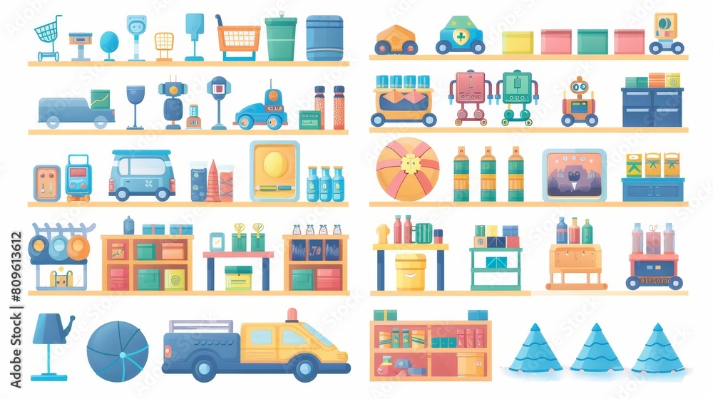 Set of cartoon furniture in a toy store with a robot and a truck ball. Set of interior clipart with shopping signs.