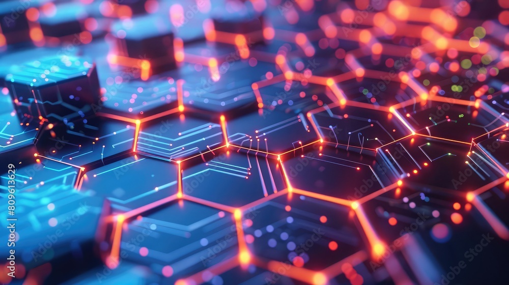 Fototapeta premium Active digital network portrayed by interconnected hexagons with vivid electrical pulses.