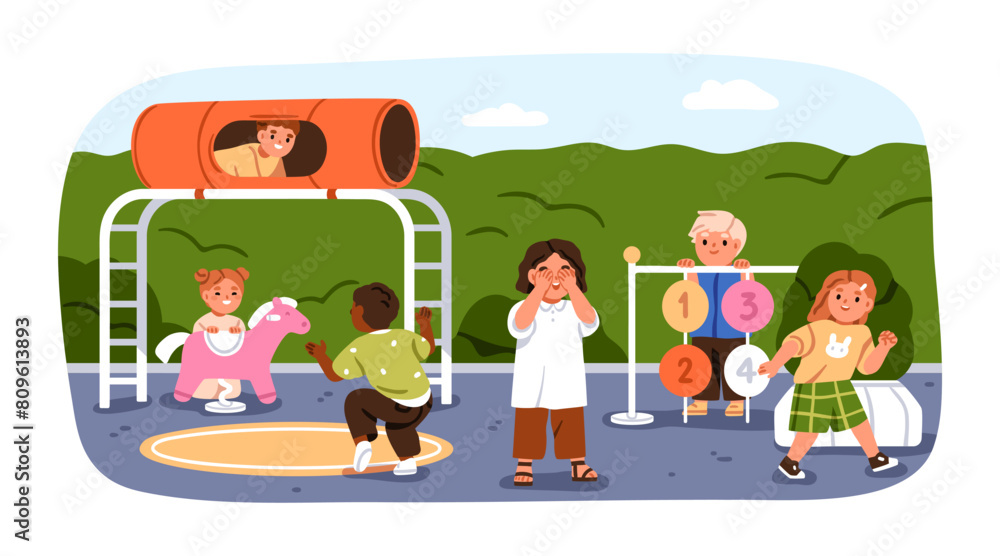 Kids playing hide and seek outdoors. Boys, girls at kindergarten playground. Joyful happy children during summer activity, fun game, playtime. Flat vector illustration isolated on white background Kids playing hide and seek outdoors. Boys, girls at kindergarten playground. Joyful happy children during summer activity, fun game, playtime. Flat vector illustration isolated on white background