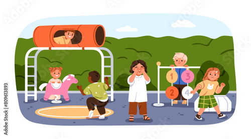 Kids playing hide and seek outdoors. Boys, girls at kindergarten playground. Joyful happy children during summer activity, fun game, playtime. Flat vector illustration isolated on white background