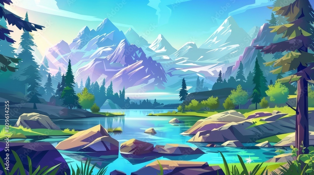 An illustration of mountains with snow, lake and forest. Modern cartoon illustration with grass and trees silhouettes, river water and rocks.