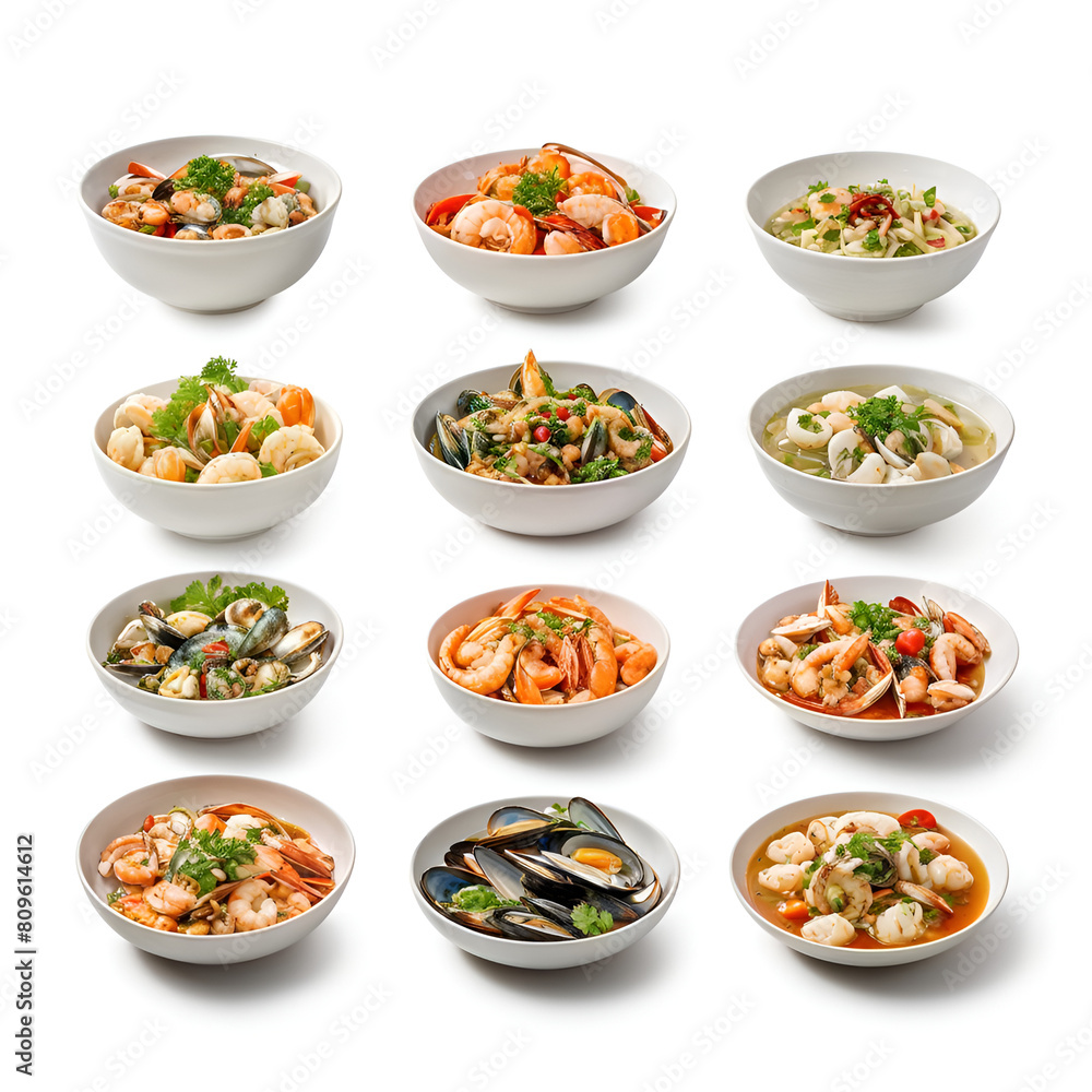 Lots of bowls with different foods including shrimp, clams and other seafood Lots of bowls with different foods including shrimp, clams and other seafood