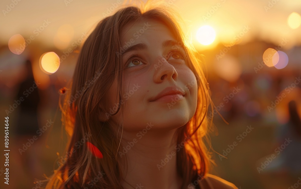 A girl with long brown hair is looking up at the sun. She is smiling and she is enjoying the moment A girl with long brown hair is looking up at the sun. She is smiling and she is enjoying the moment