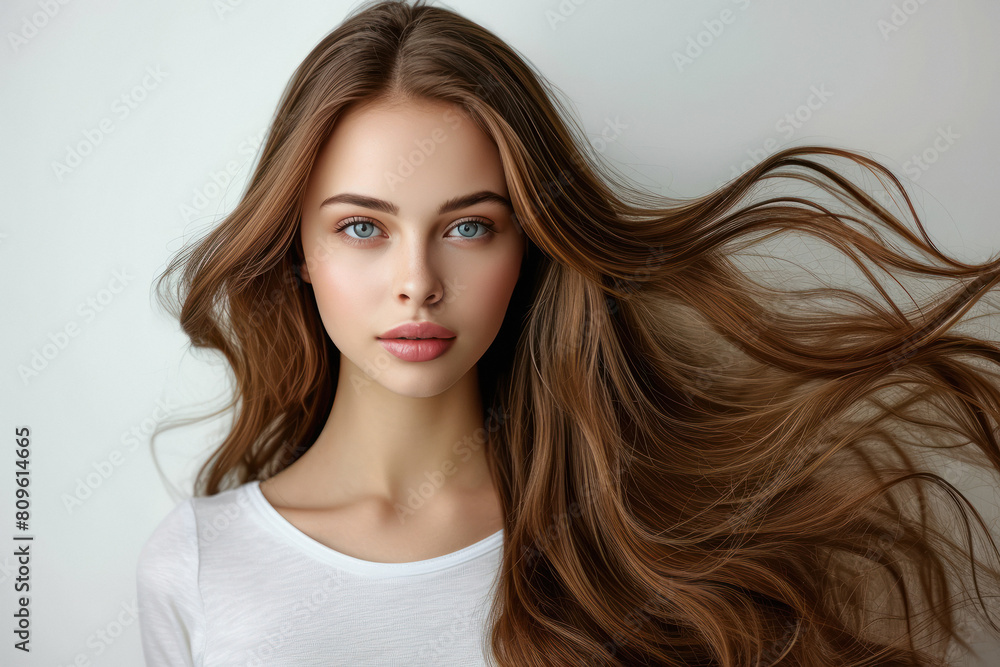 Naklejka premium shiny brown and long hair of beautiful woman