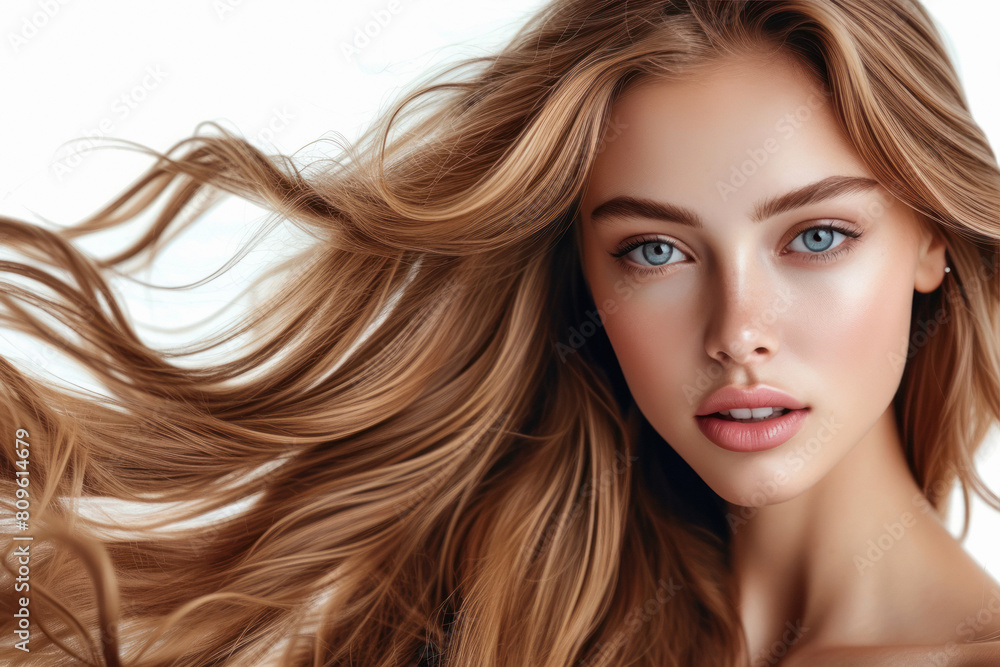 Fototapeta premium shiny brown and long hair of beautiful woman