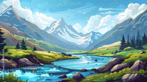 Modern cartoon illustration of alpine mountain valley with river flowing from rocky range, grass and stones on banks, blue sky with clouds. Adventure background for travel.