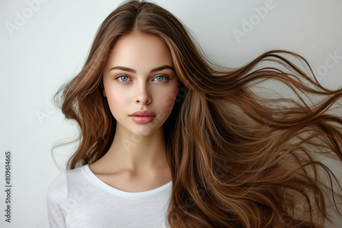 shiny brown and long hair of beautiful woman