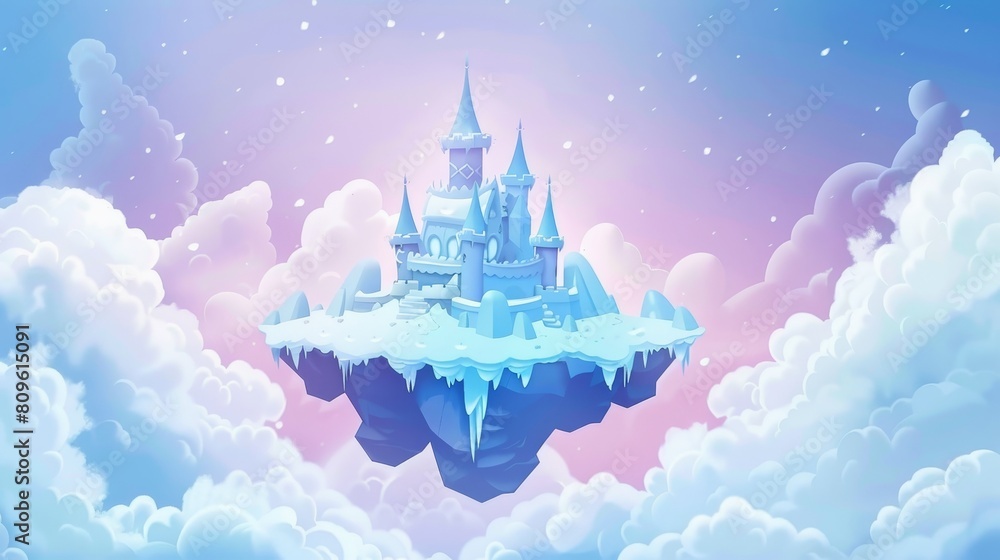 In this winter cartoon background, we see a beautiful fantasy ice palace on a cloudy fairytale night landscape. Our eye is drawn to a floating island path in the air in which white clouds move.