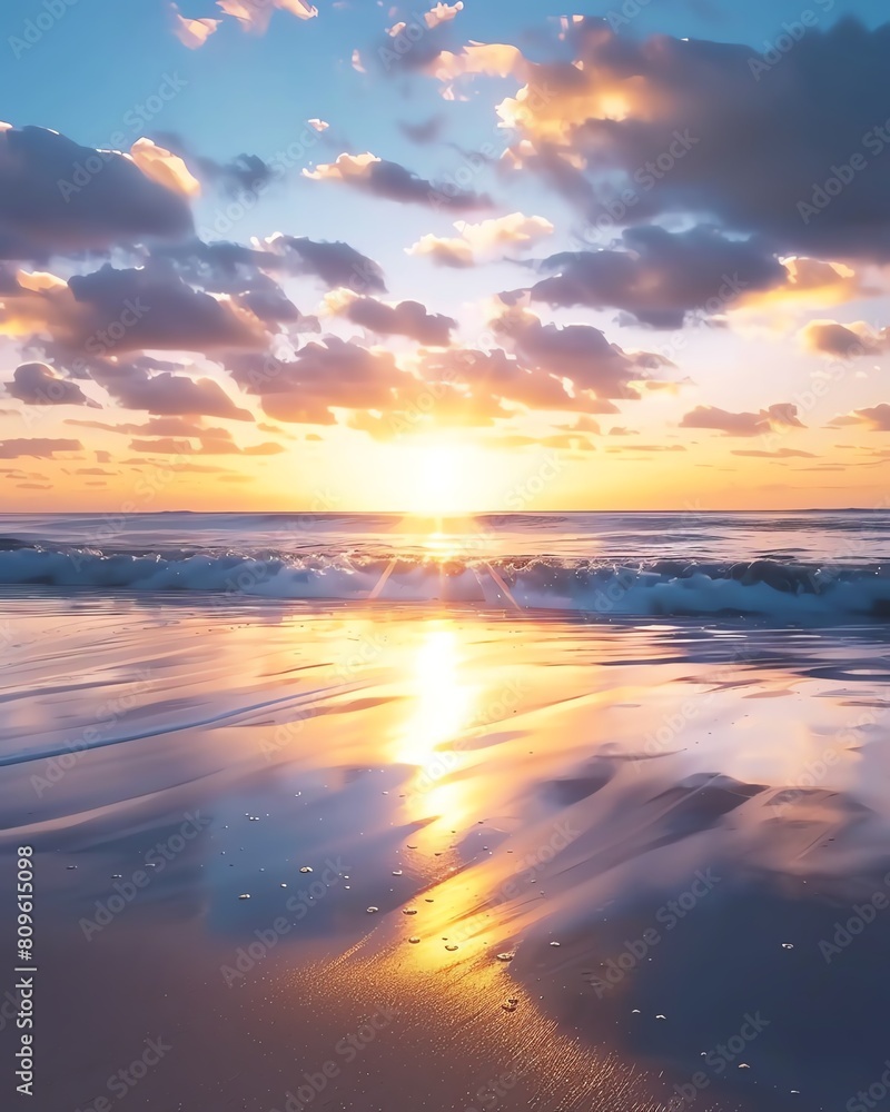 Peaceful sunrise timelapse over a calm ocean, the horizon glowing warmly as the sun rises, reflections shimmering on the water, with gentle, calming music