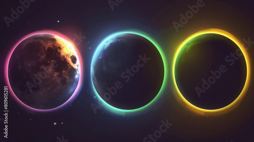 A realistic set of solar eclipse overlays on transparent backgrounds. Modern illustration of neon blue, yellow, green, and purple blazing stars behind a planet in the dark. photo