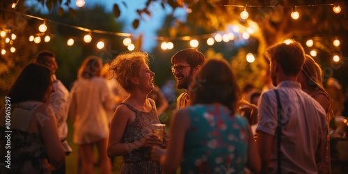 Blurred image of a backyard party at dusk with hanging lights, capturing the ambience of a summer evening