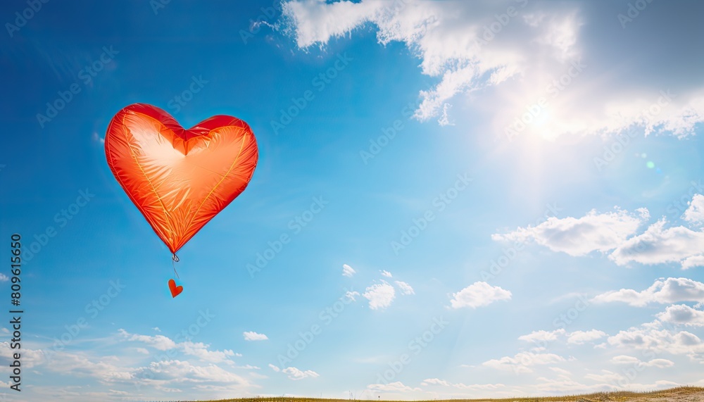 A heart shaped balloon flying high in the sky on a sunny day