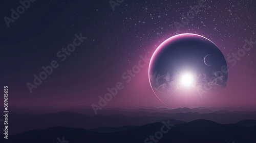 The horizon of the earth  planet  or moon at sunrise or eclipse. Abstract dark background with white stars and pink light on planet edge. Modern realistic illustration.