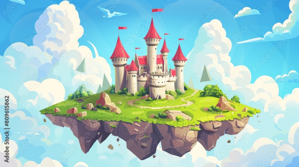 An idyllic fantasy castle on a floating island in a sky cartoon landscape. An imagination heaven dream scene with summer greenery and boulder platforms. An idyllic fantasy castle on a floating island in a sky cartoon landscape. An imagination heaven dream scene with summer greenery and boulder platforms.
