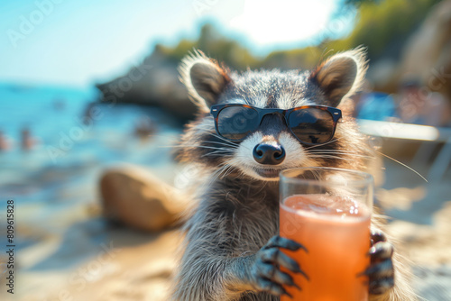 Racoon in sunglasses with cocktail, summer, created with Generative AI technology photo