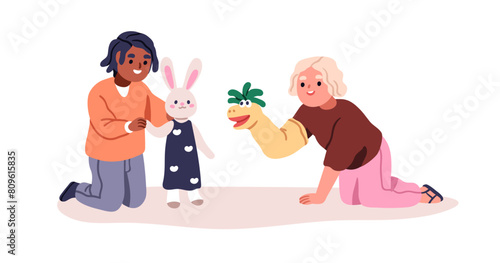 Kids playing with marionette puppets. Happy cute boy and girl having fun with toys on hands, dolls. Nursery children, creative kindergarten game. Flat vector illustration isolated on white background