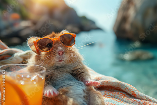 Hamster relax on beach, summer, created with Generative AI technology photo