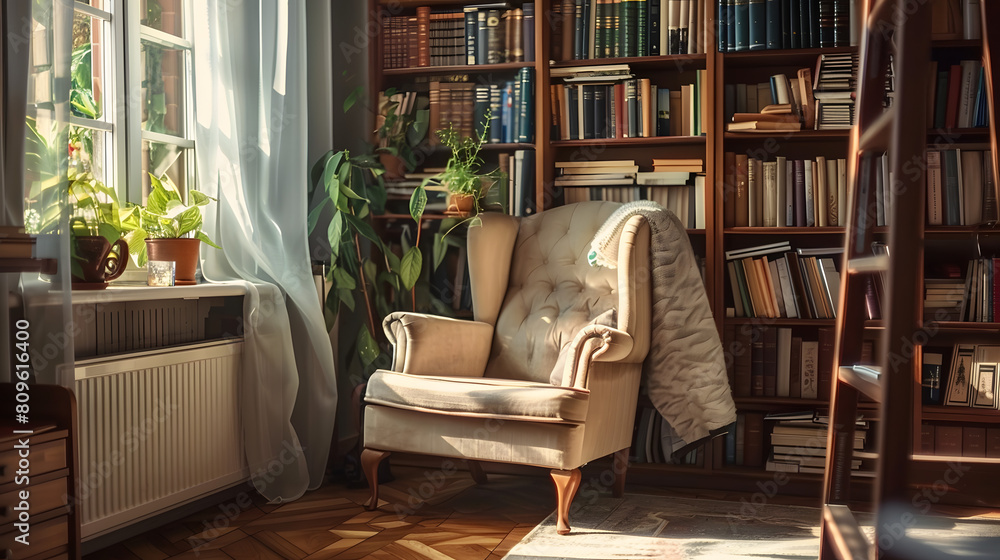 Inviting reading nook with an armchair and bookshelves bathed in natural light