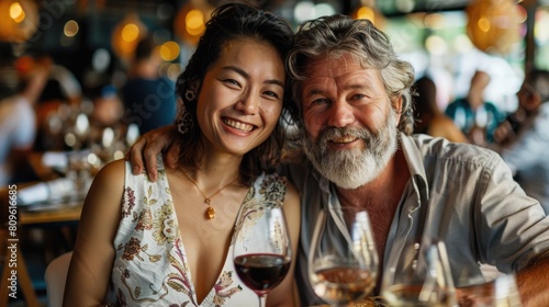 A smiling middle-aged couple poses for a photo with wine glasses. Fictional Character Created By Generative AI. 