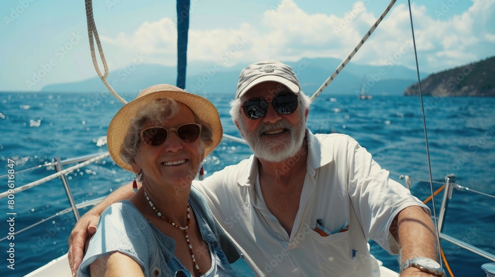 An elderly couple enjoying a day out on the water on their boat. Fictional Character Created By Generative AI. An elderly couple enjoying a day out on the water on their boat. Fictional Character Created By Generative AI.